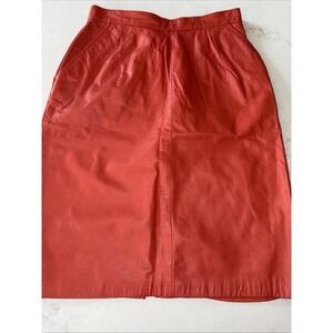 Vintage Toffs Women Genuine Leather Midi Skirt Size 6/8 Orange Lined 80's Pencil